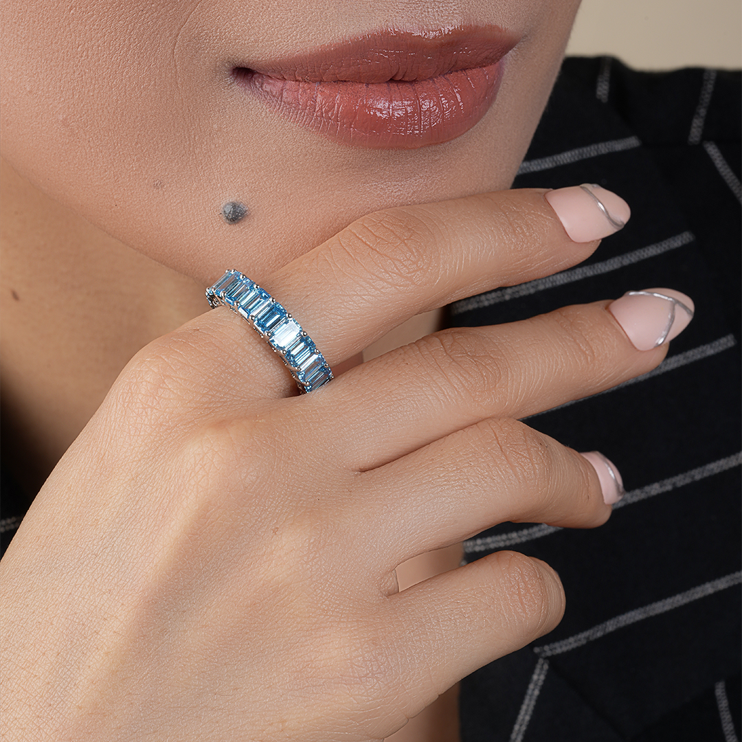 Swiss Blue Emerald Cut Diamond Eternity Wedding Band