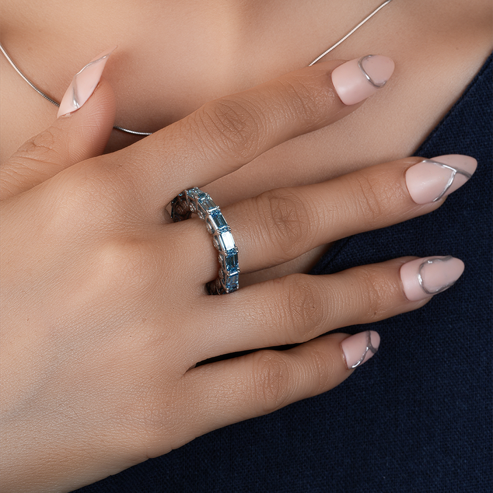 Blue Emerald Cut Diamond Full Eternity Wedding Band