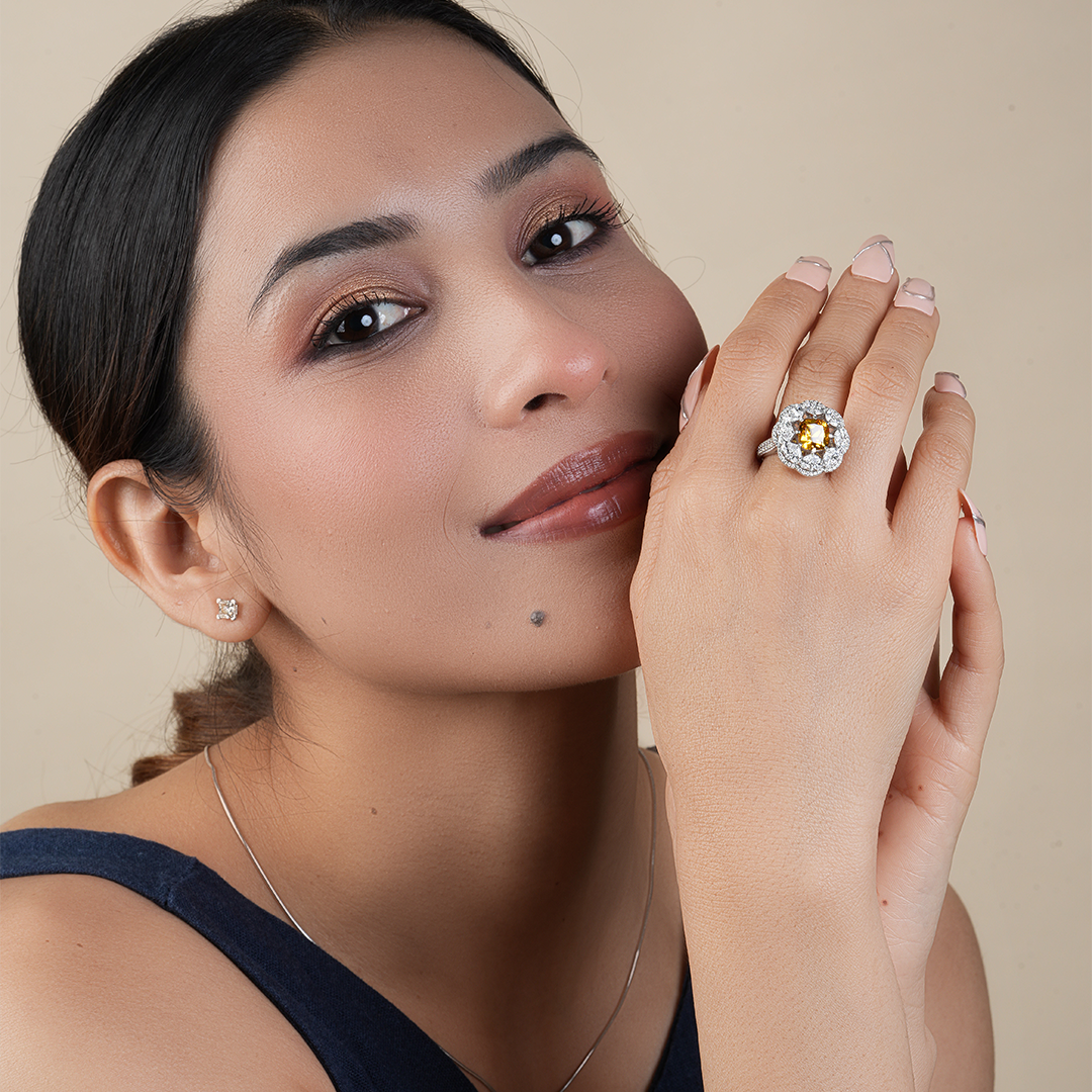 Citrine Emerald with Pear Cut Diamond halo cluster Ring