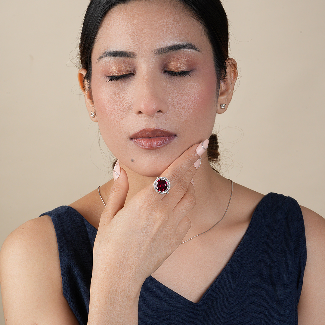 Ruby Solitaire Diamond Double Halo Cocktail Ring