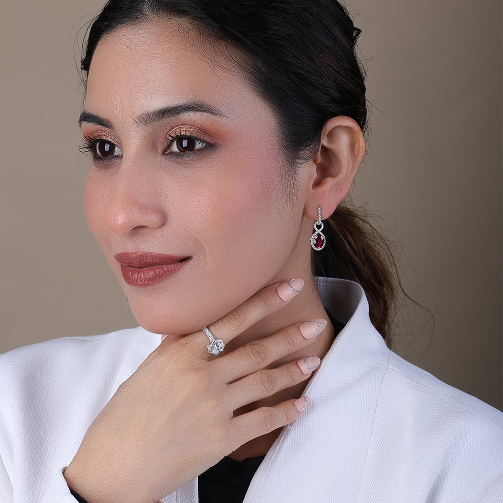 Oval Ruby Diamond Halo Hoop Drop Earrings for Bridal