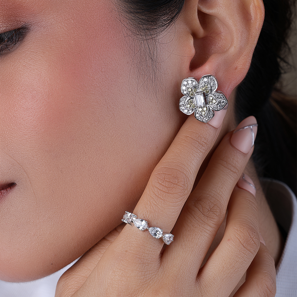 Vintage Floral Double-Layered Lab-Grown Diamond Stud Earrings
