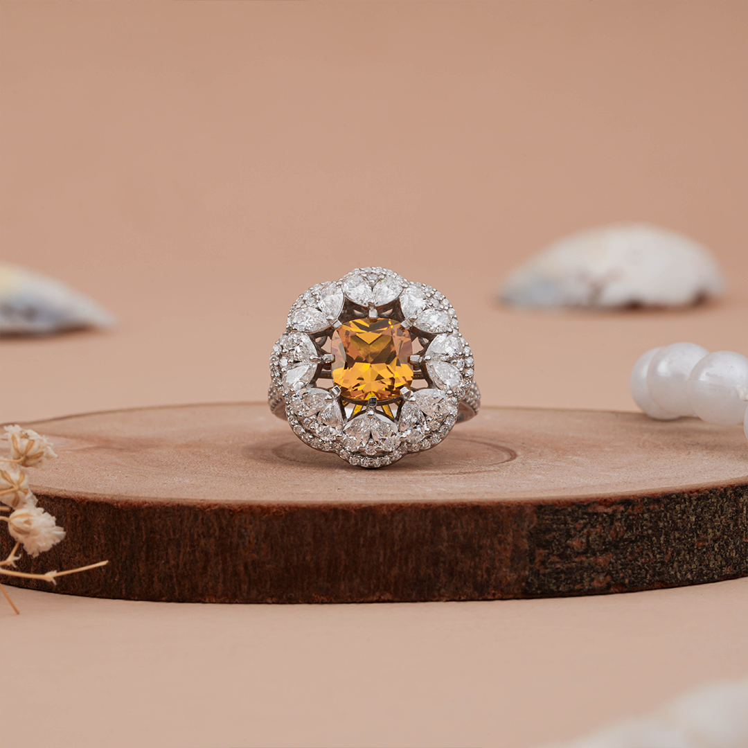 Citrine Emerald with Pear Cut Diamond halo cluster Ring