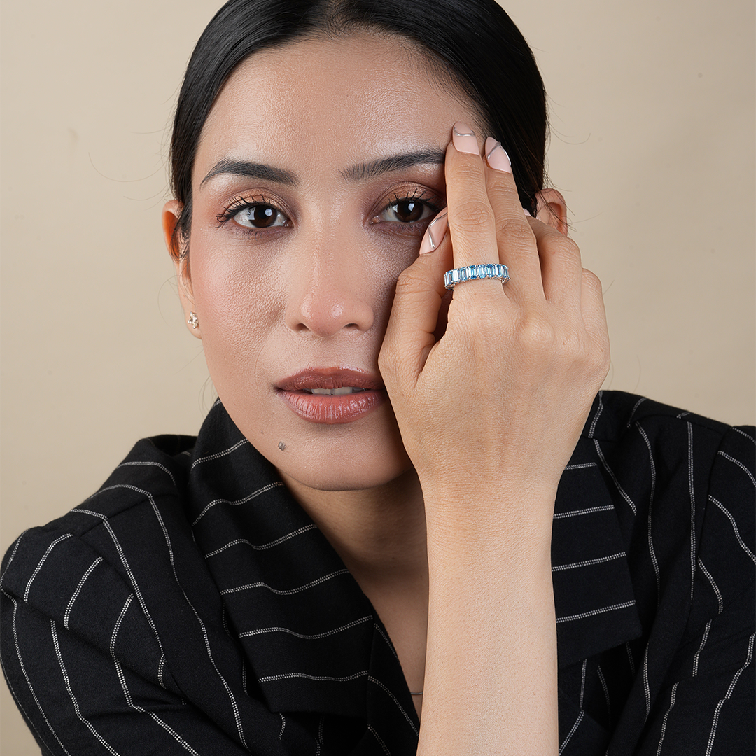 Swiss Blue Emerald Cut Diamond Eternity Wedding Band
