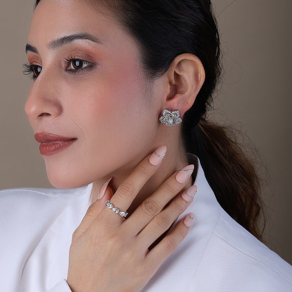 Vintage Floral Double-Layered Lab-Grown Diamond Stud Earrings