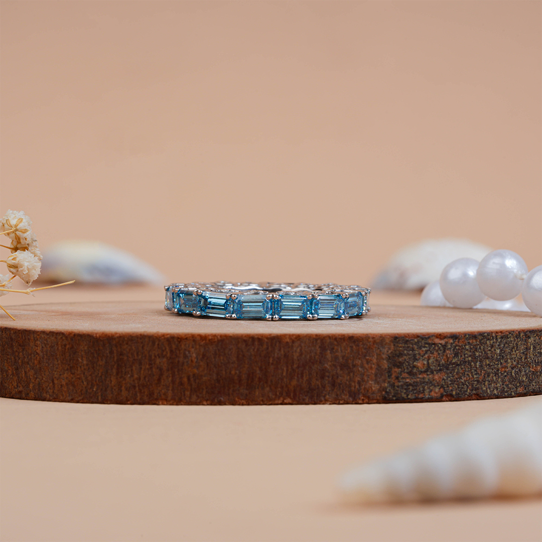 Blue Emerald Cut Diamond Full Eternity Wedding Band