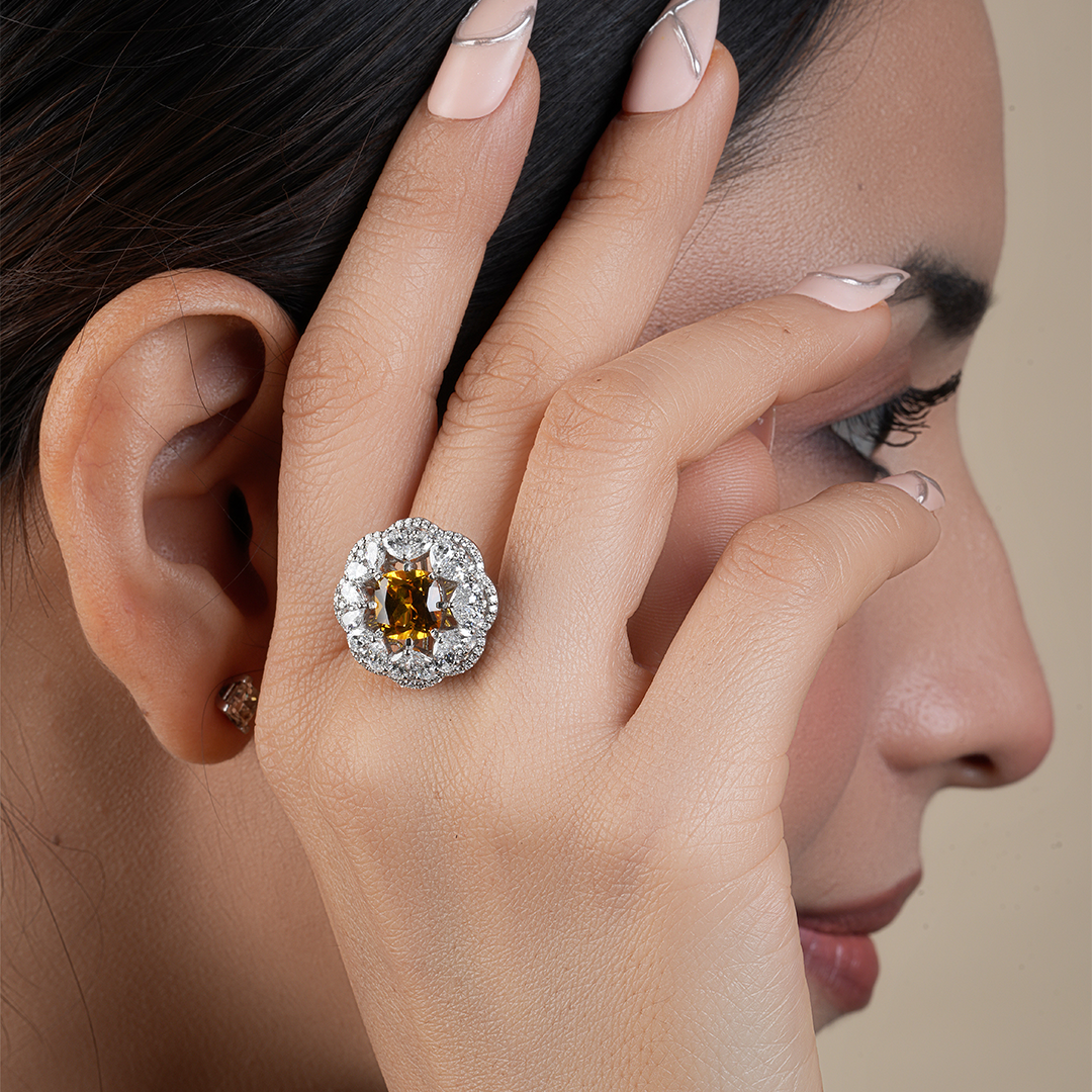 Citrine Emerald with Pear Cut Diamond halo cluster Ring
