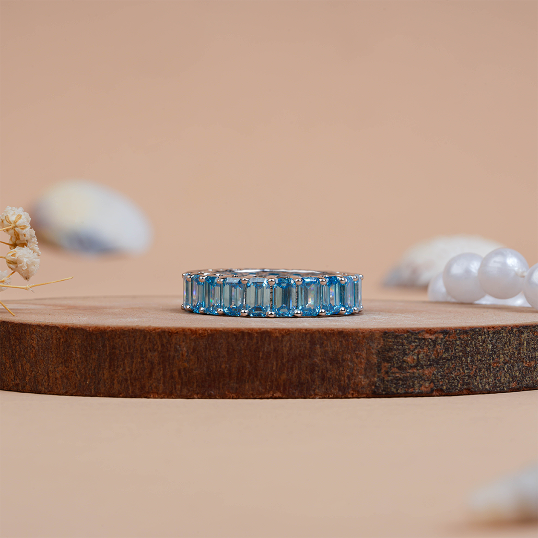 Swiss Blue Emerald Cut Diamond Eternity Wedding Band