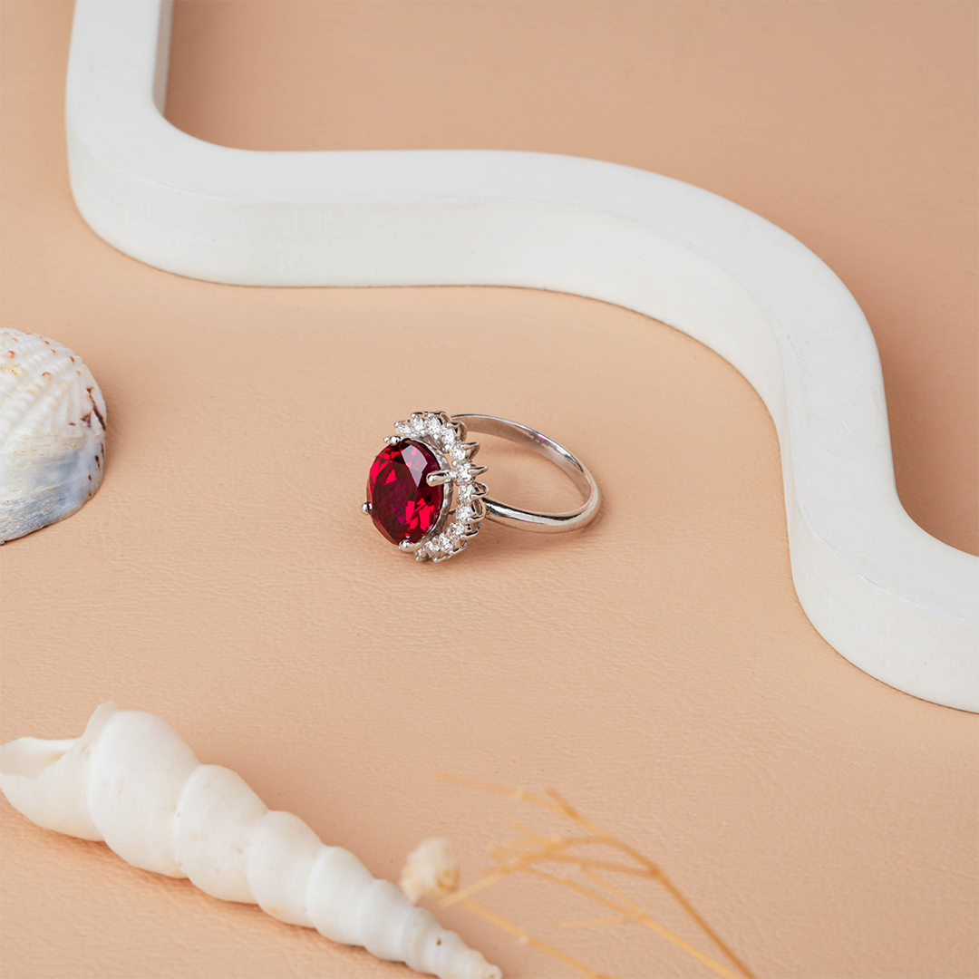 Ruby Solitaire Diamond Double Halo Cocktail Ring