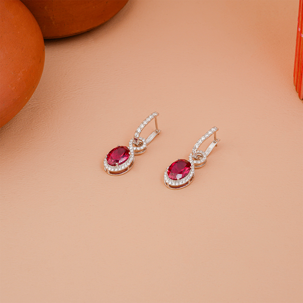 Oval Ruby Diamond Halo Hoop Drop Earrings for Bridal