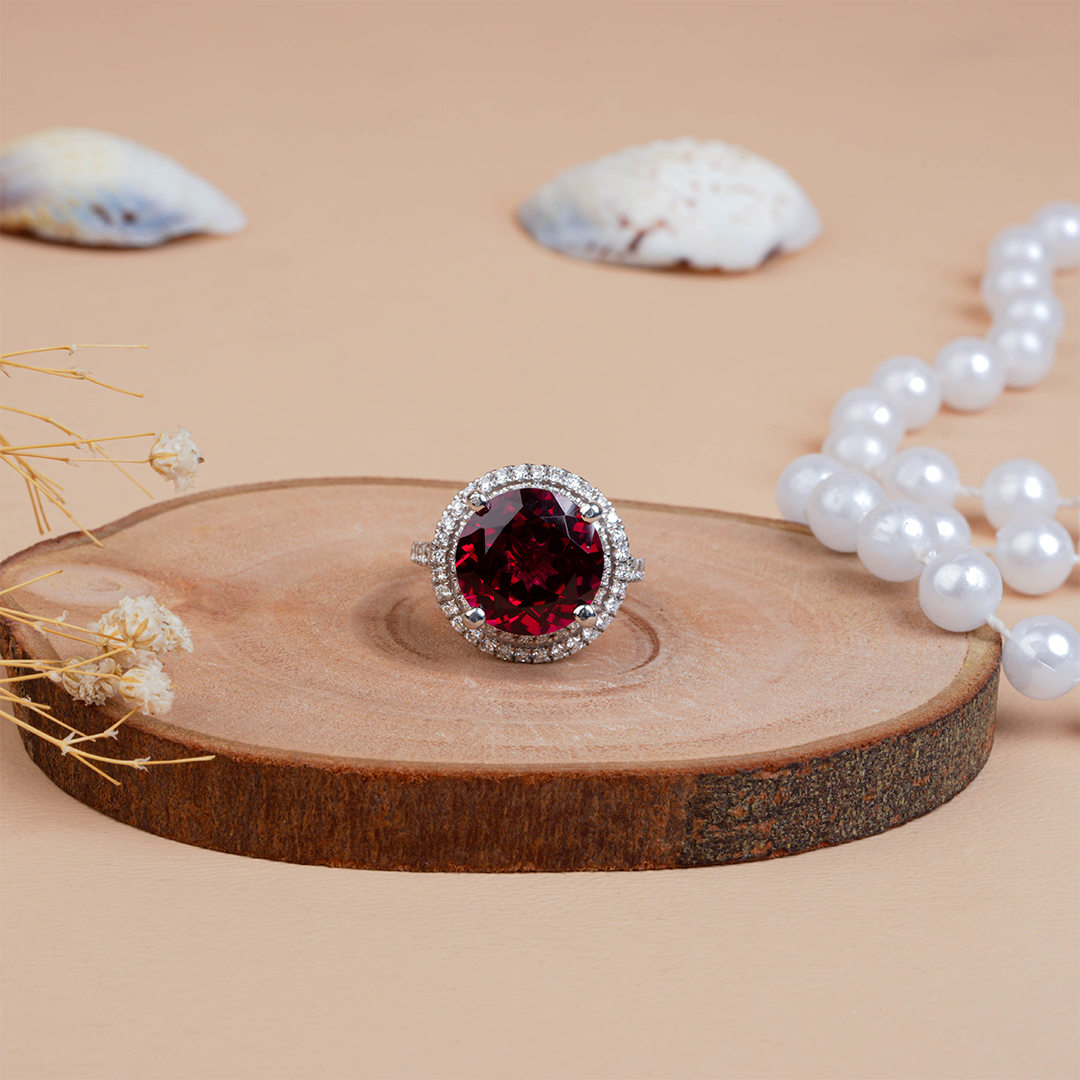 Ruby Solitaire Diamond Double Halo Cocktail Ring