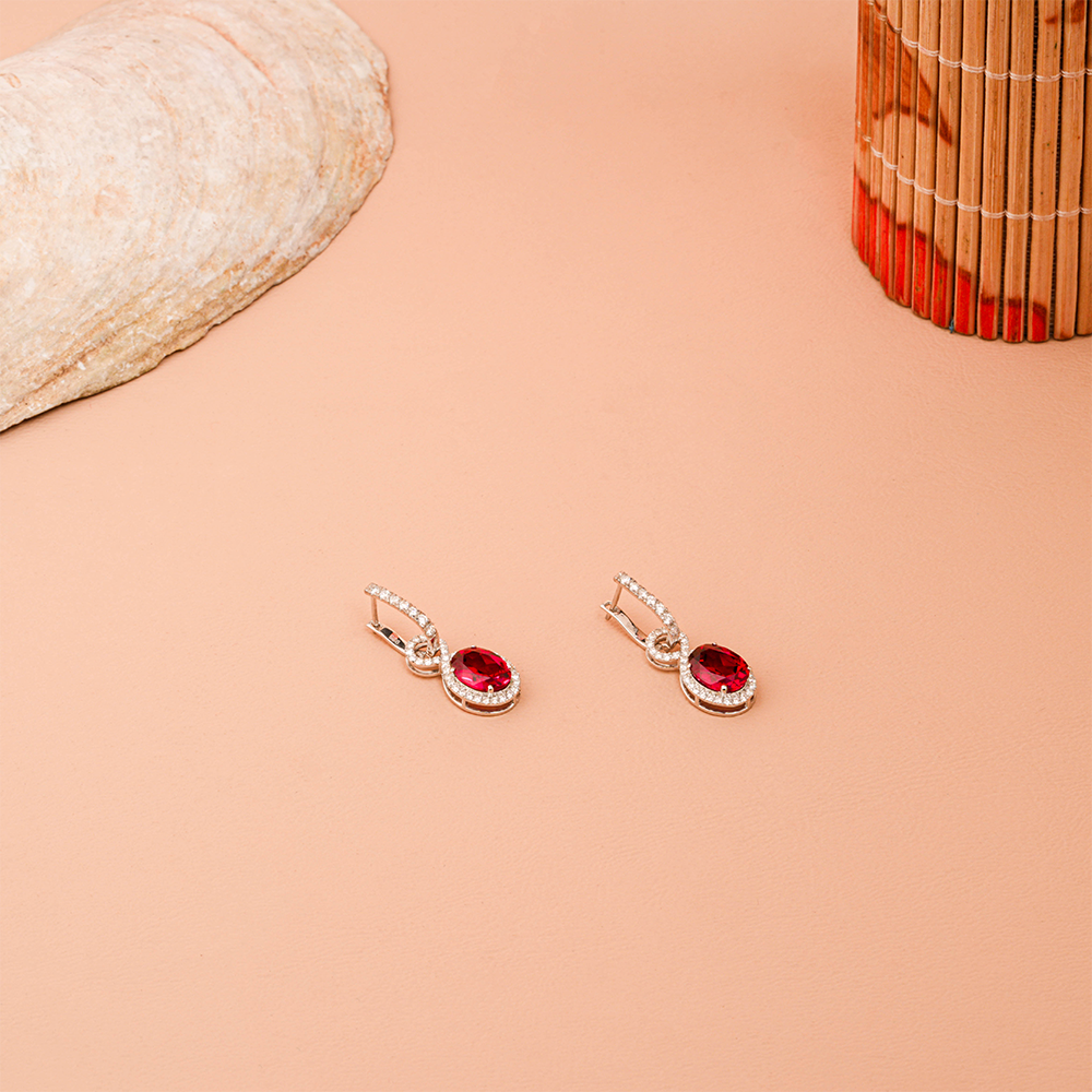 Oval Ruby Diamond Halo Hoop Drop Earrings for Bridal