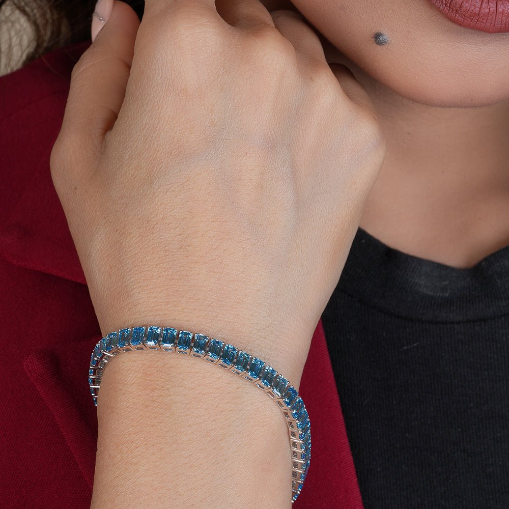 Blue Emerald Cut Lab-Grown Diamond Tennis Bracelet
