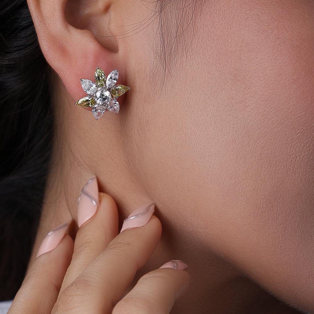 Pear & Marquise Shaped Yellow & White Diamond Flower Stud Earrings