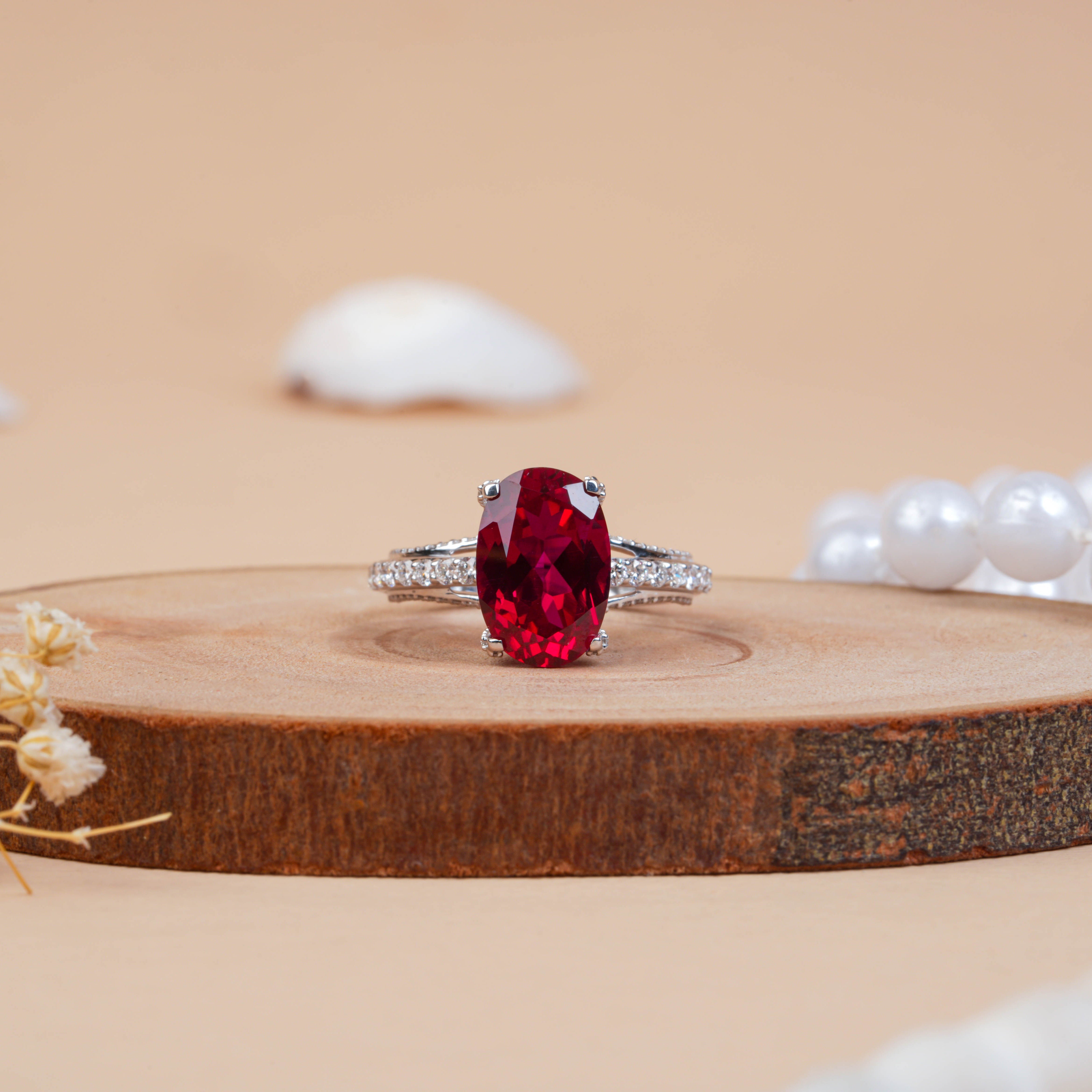 Lab-grown Oval Cut Ruby Hidden Halo Engagement Ring