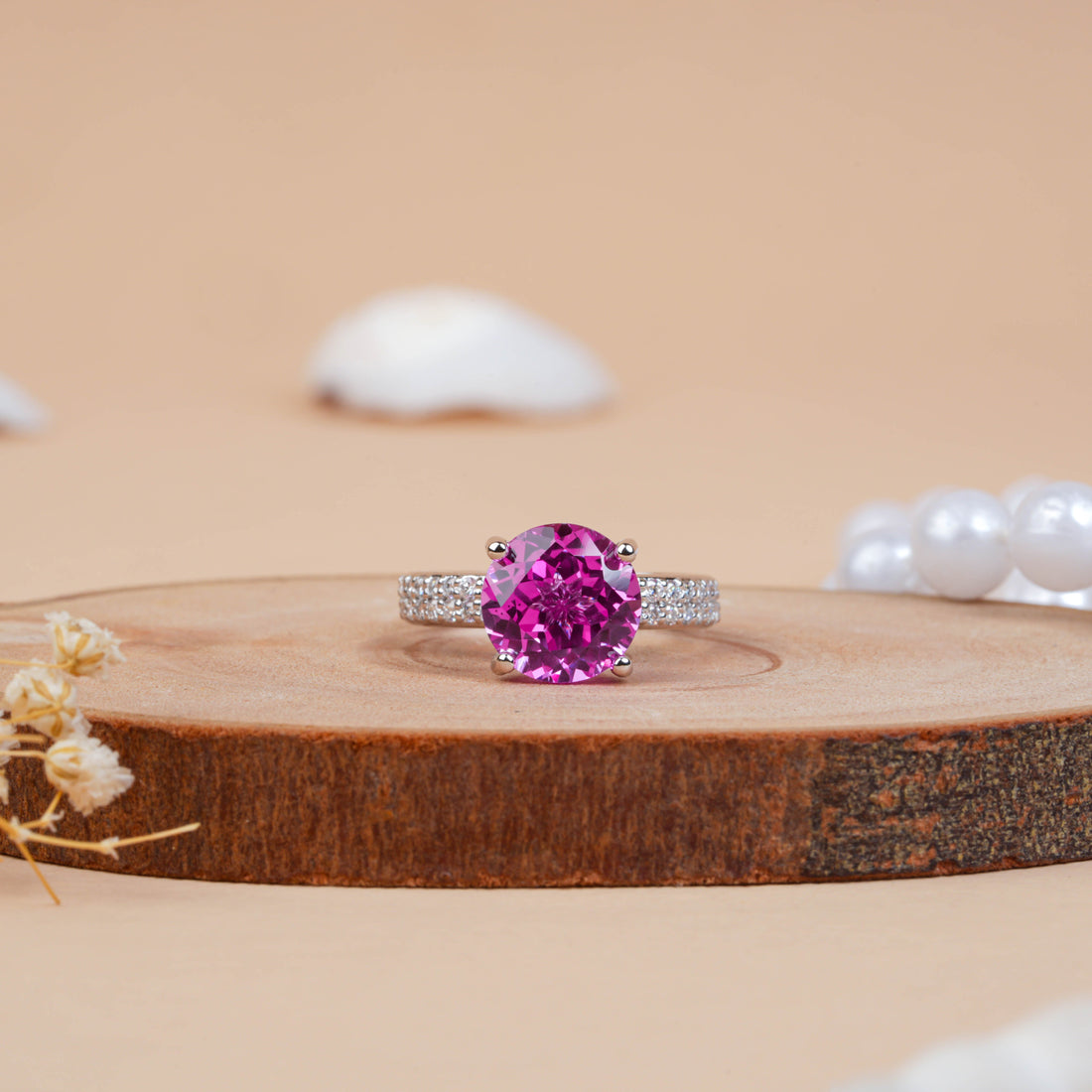 Round cut Pink Sapphire & Diamond Engagement Ring