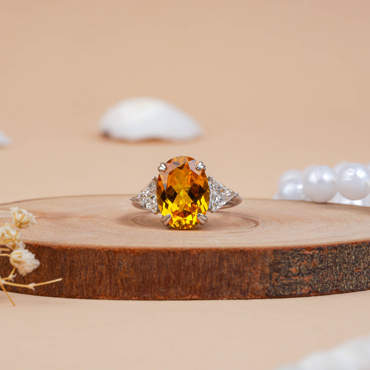 Oval Cut Citrine with Triangle Lab Grown Diamond Engagement Ring