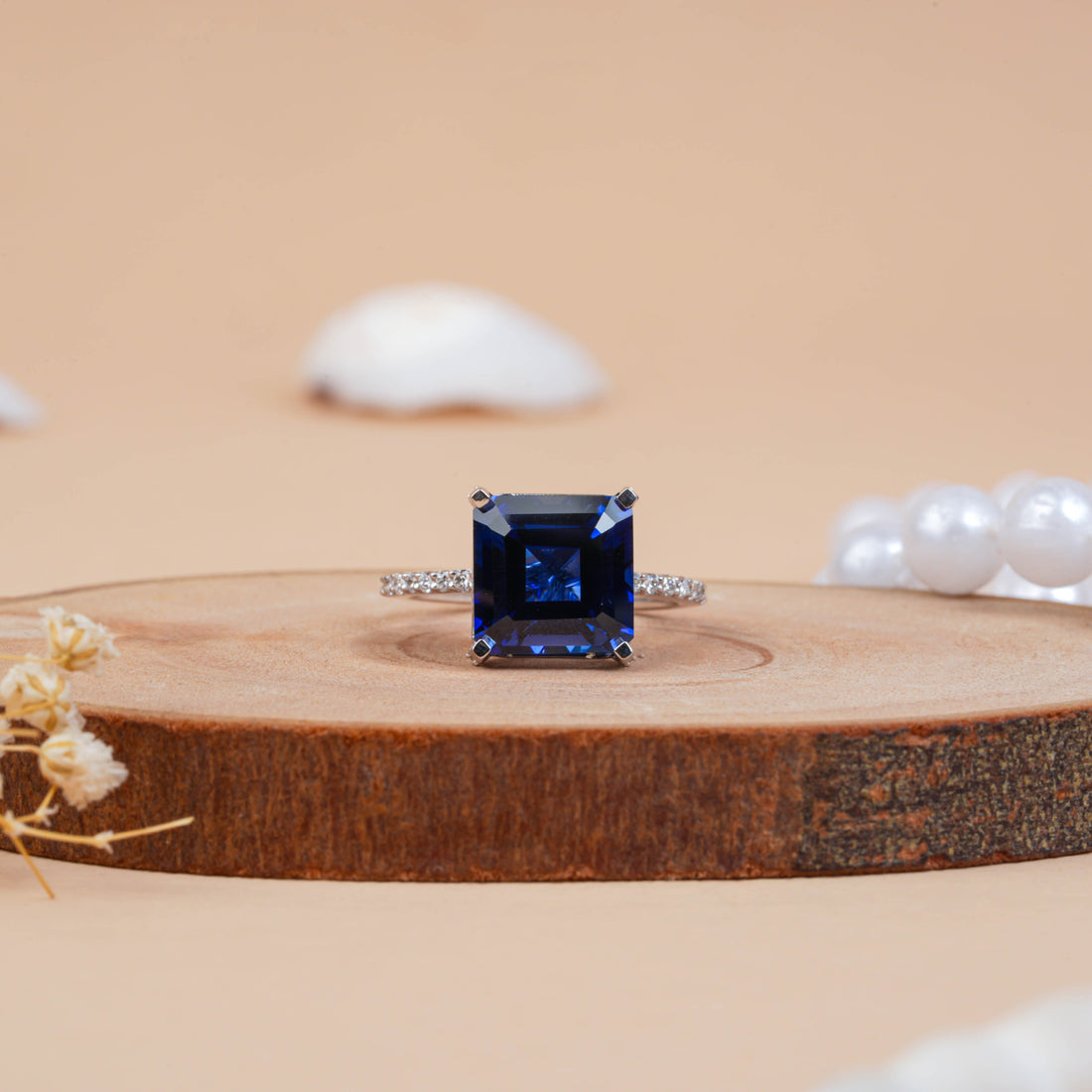 Vintage Blue Sapphire Square Emerald Cut Diamond Engagement Ring