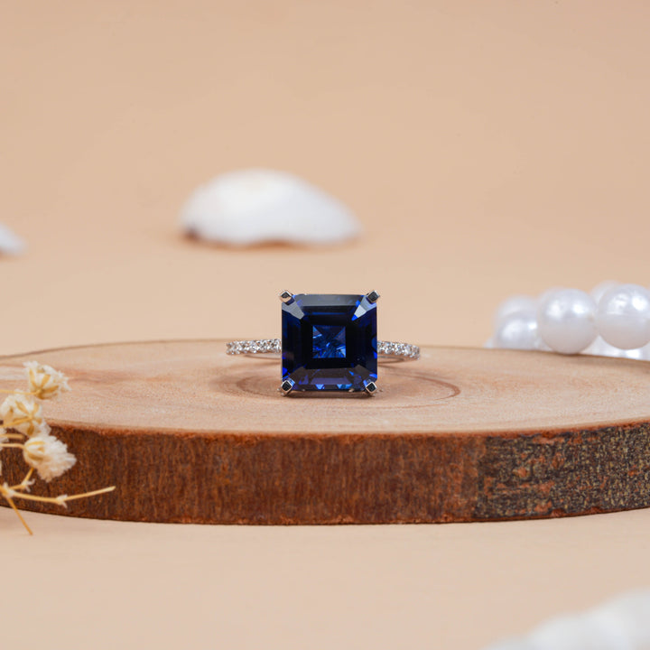 Vintage Blue Sapphire Square Emerald Cut Diamond Engagement Ring