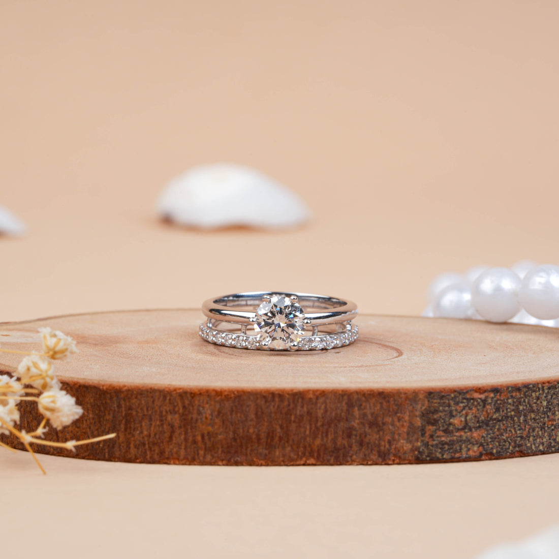 Lab Grown Solitaire Engagement Ring with Pave Wedding Band