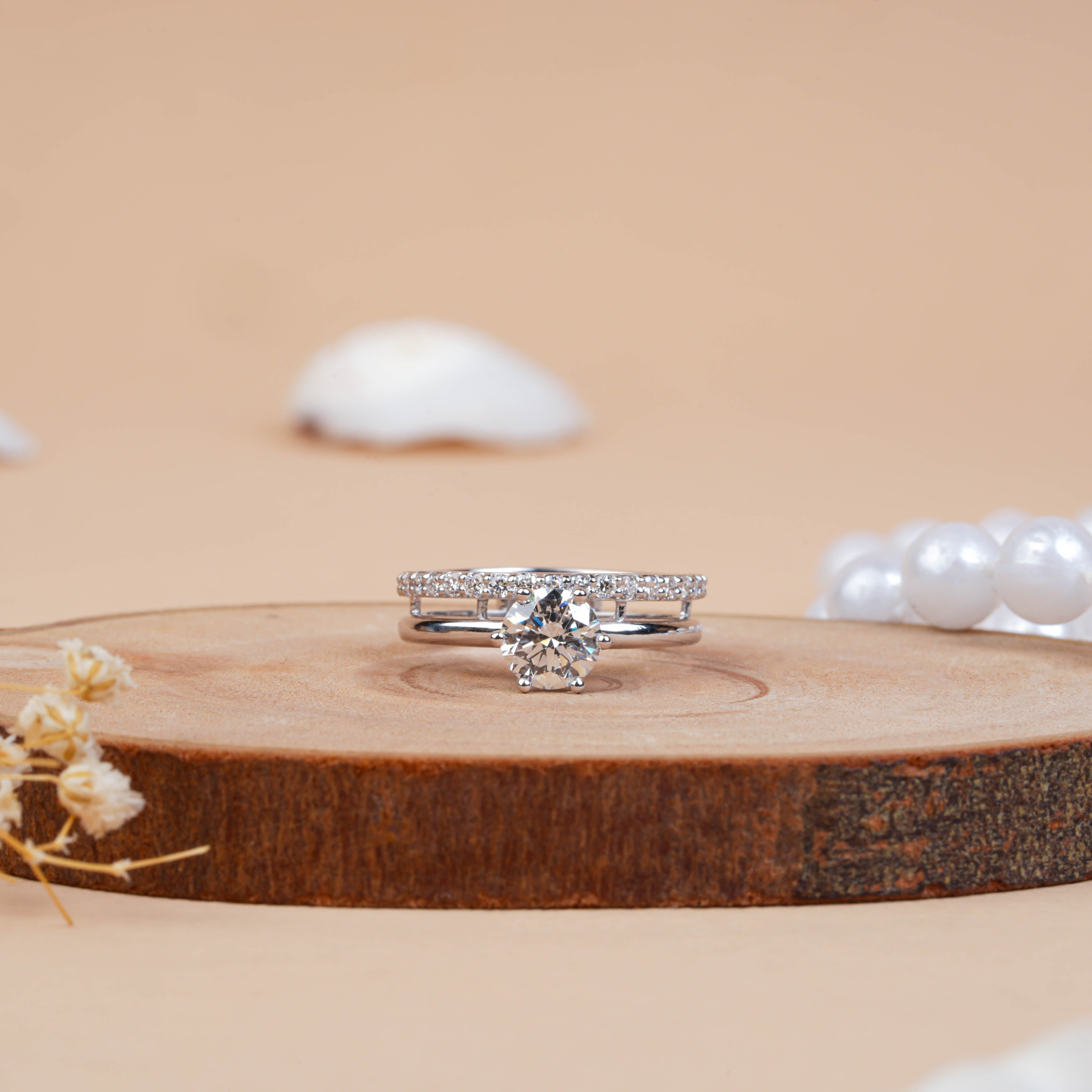 Lab Grown Solitaire Engagement Ring with Pave Wedding Band