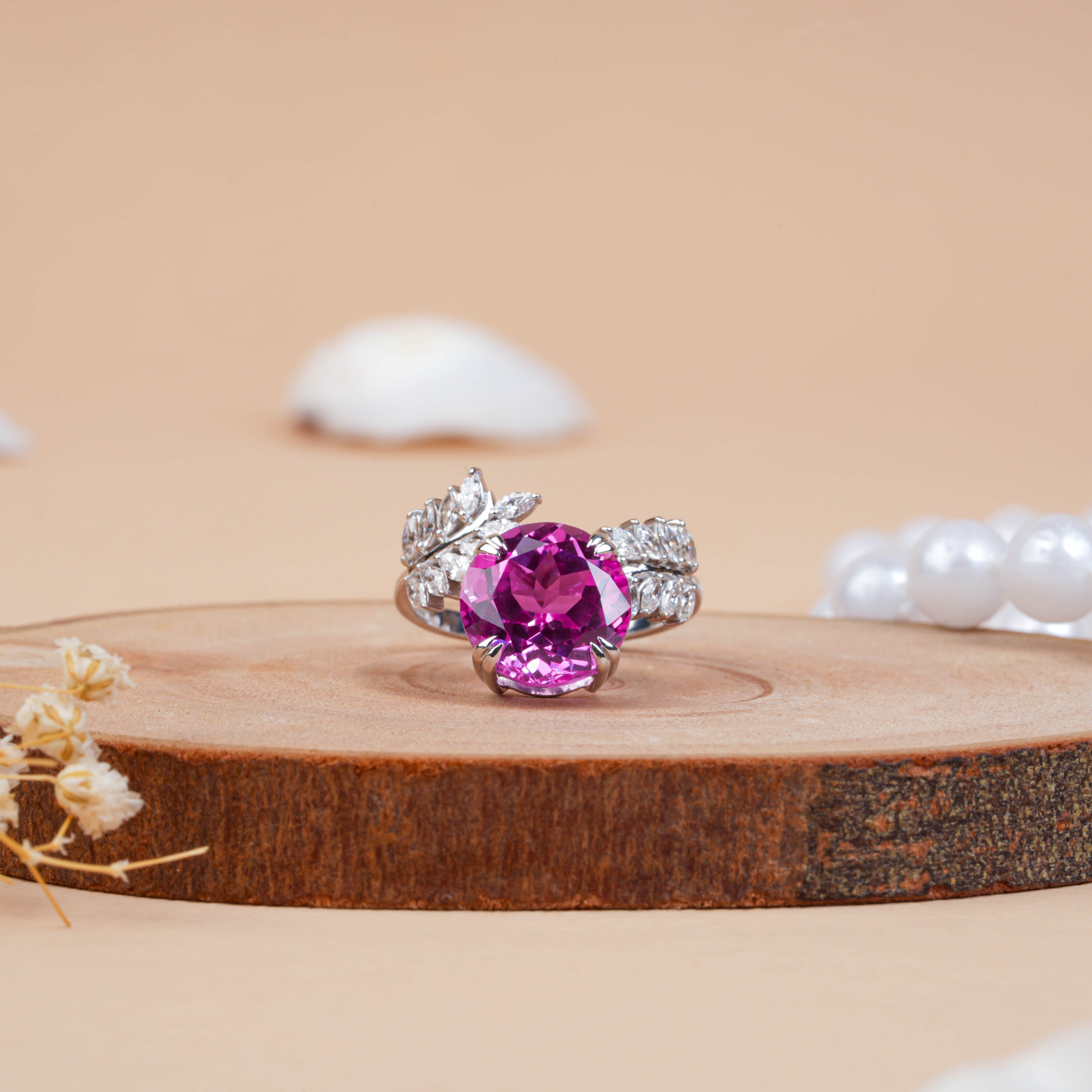 Round Cut Pink Sapphire & Diamond Leaf Engagement Ring