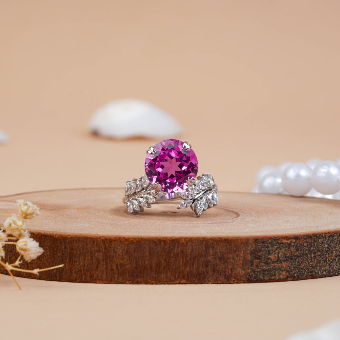 Round Cut Pink Sapphire & Diamond Leaf Engagement Ring