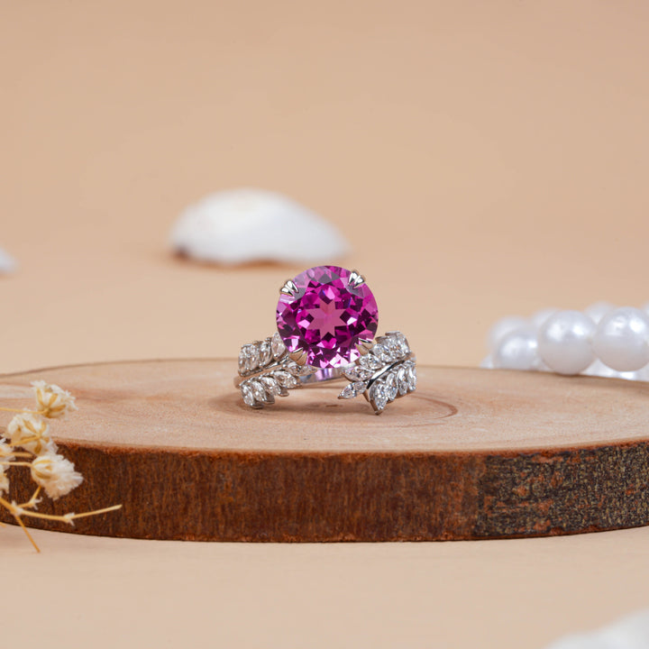 Round Cut Pink Sapphire & Diamond Leaf Engagement Ring
