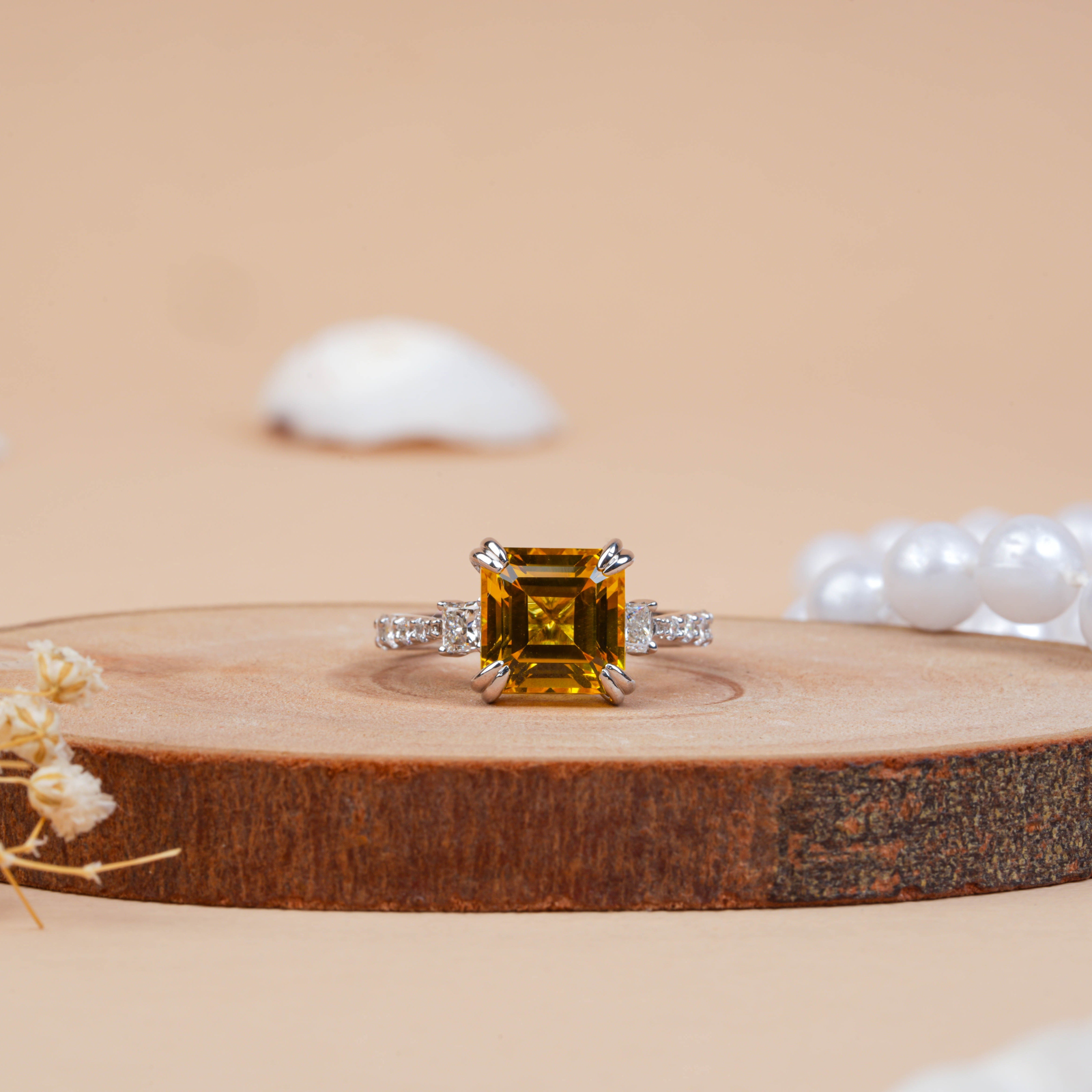 Yellow Citrine Asscher Cut Lab Grown Diamond Engagement Ring