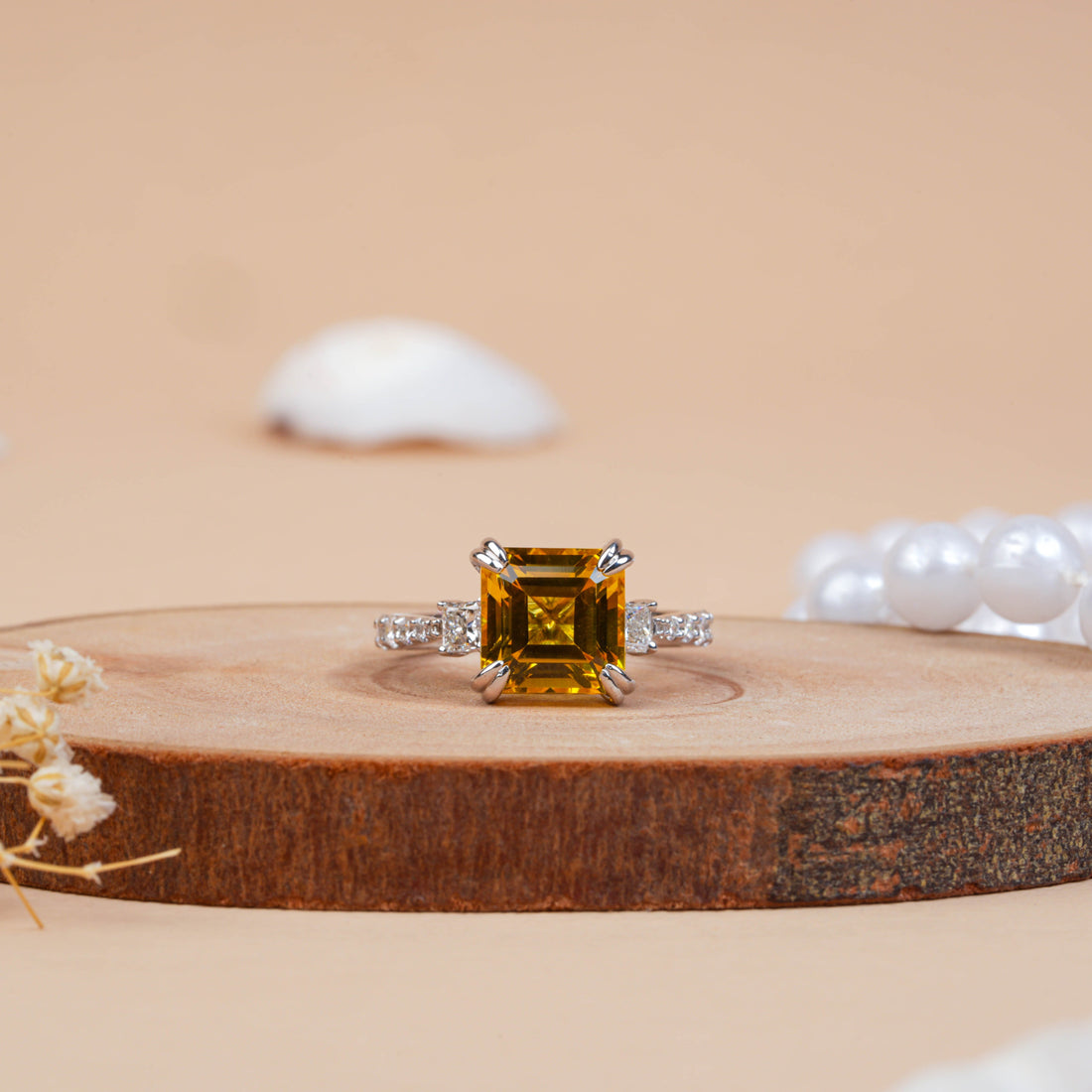 Yellow Citrine Asscher Cut Lab Grown Diamond Engagement Ring