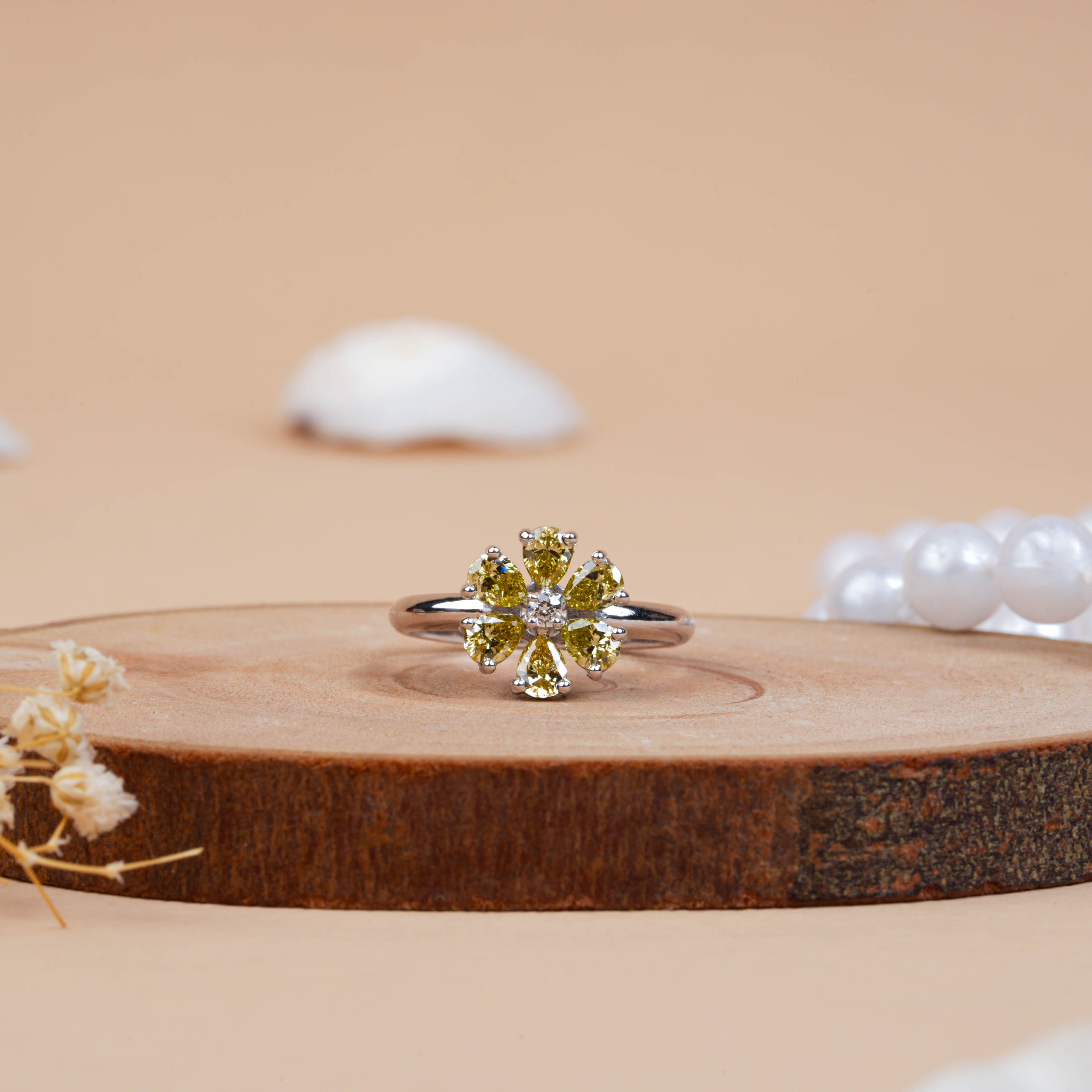 Heliodor Pear-cut Lab Grown Diamond Flower Ring for Engagement