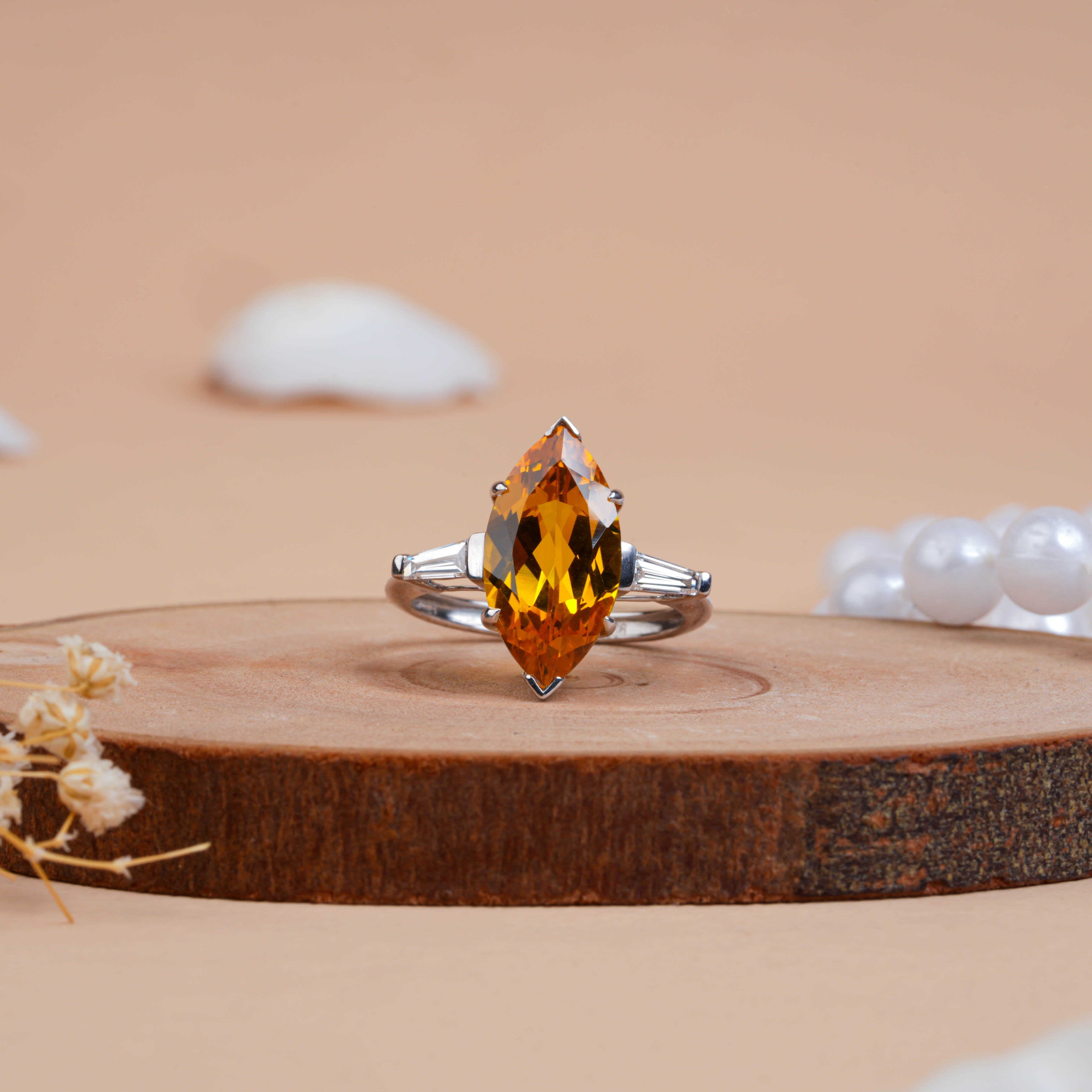 Yellow Citrine Marquise Cut Lab Diamond Ring for Women