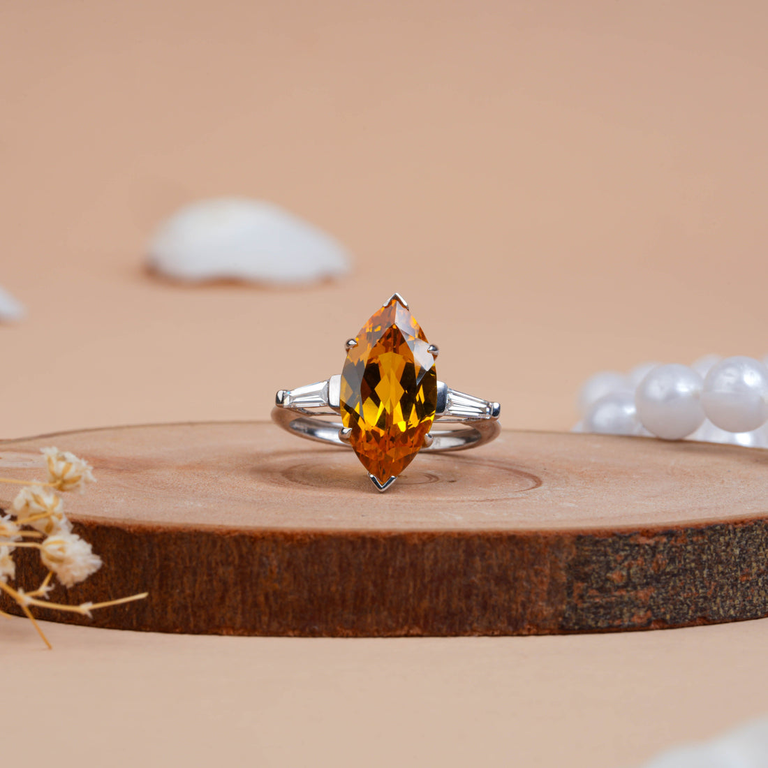 Yellow Citrine Marquise Cut Lab Diamond Ring for Women