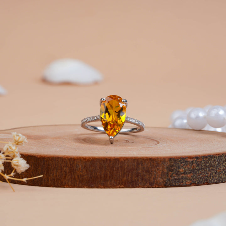 Citrine Pear Cut & White Lab Created Diamond Ring for Women