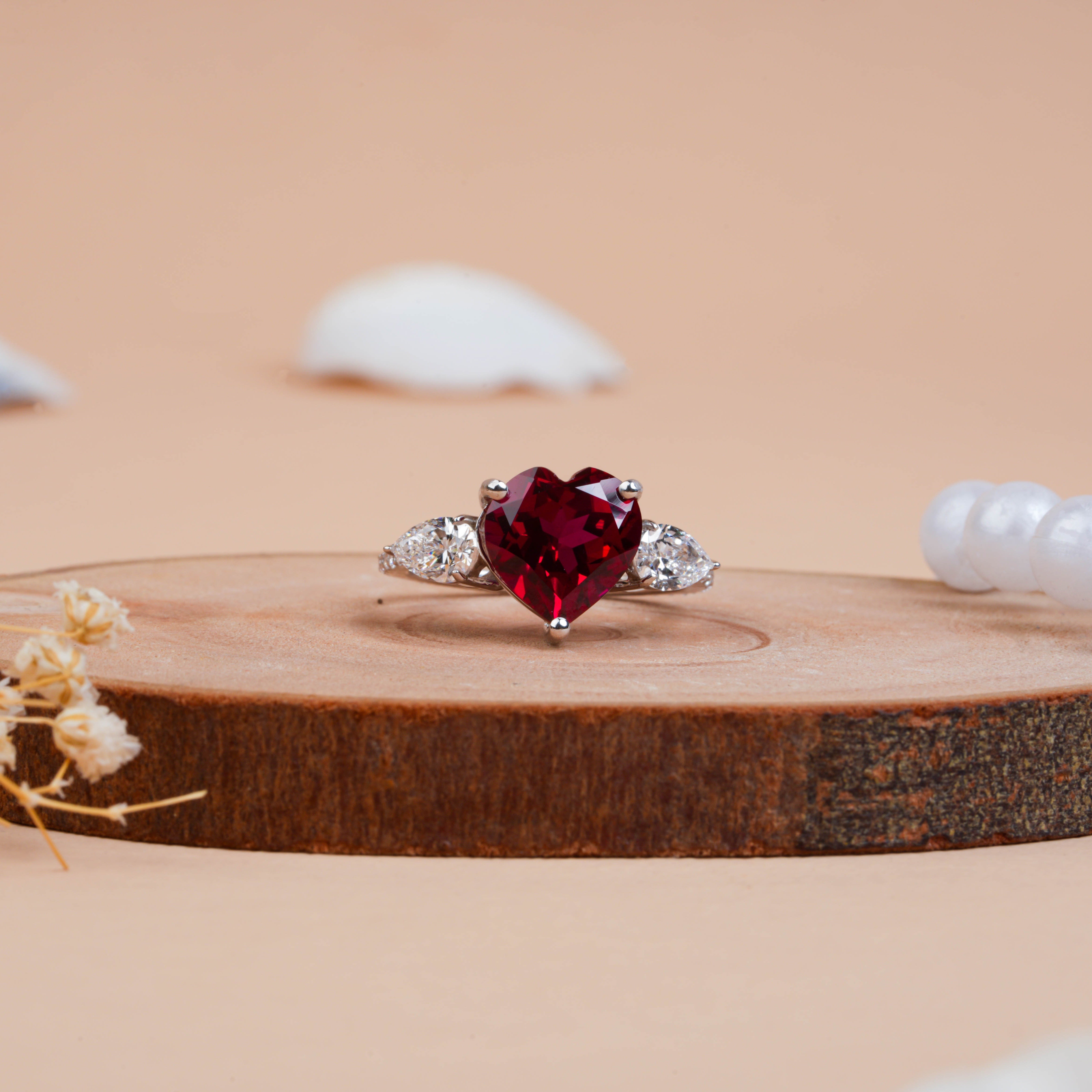 Lab-Created Heart Cut Ruby & Pear Diamond Engagement Ring