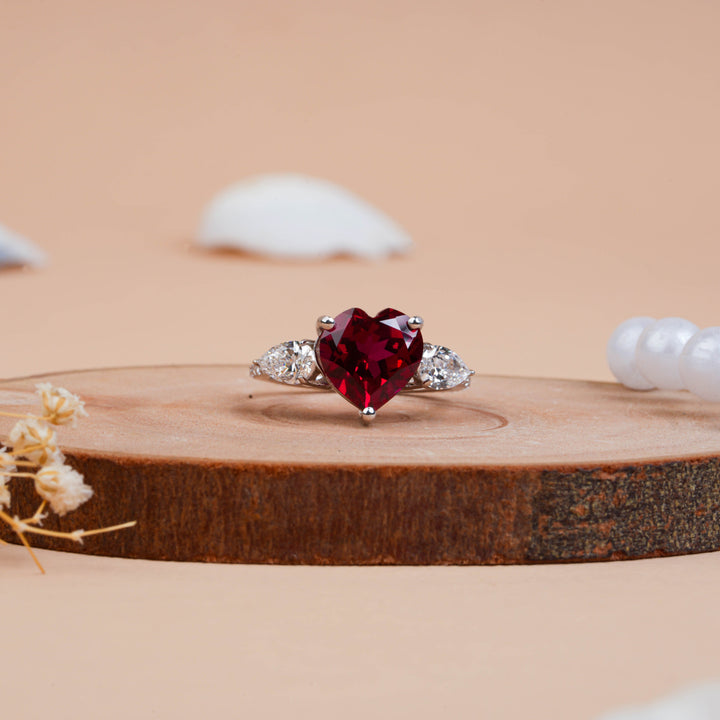 Lab-Created Heart Cut Ruby & Pear Diamond Engagement Ring