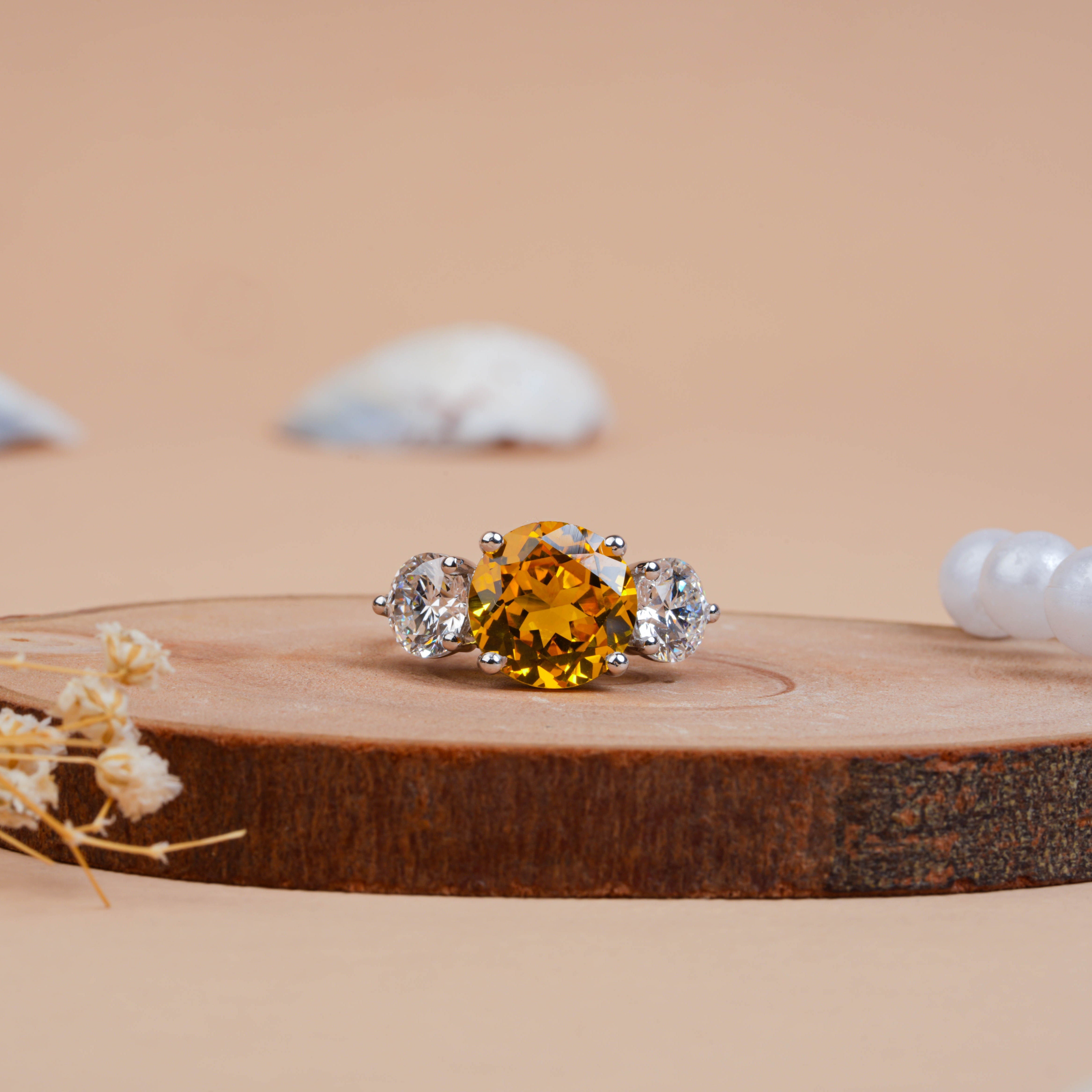 Round Citrine 3 Stone Lab Grown Diamond Engagement Ring