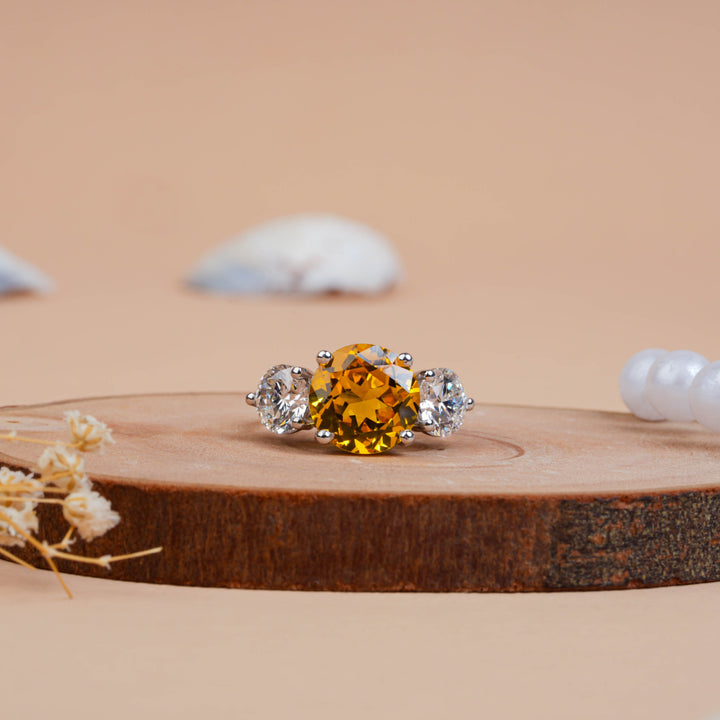 Round Citrine 3 Stone Lab Grown Diamond Engagement Ring