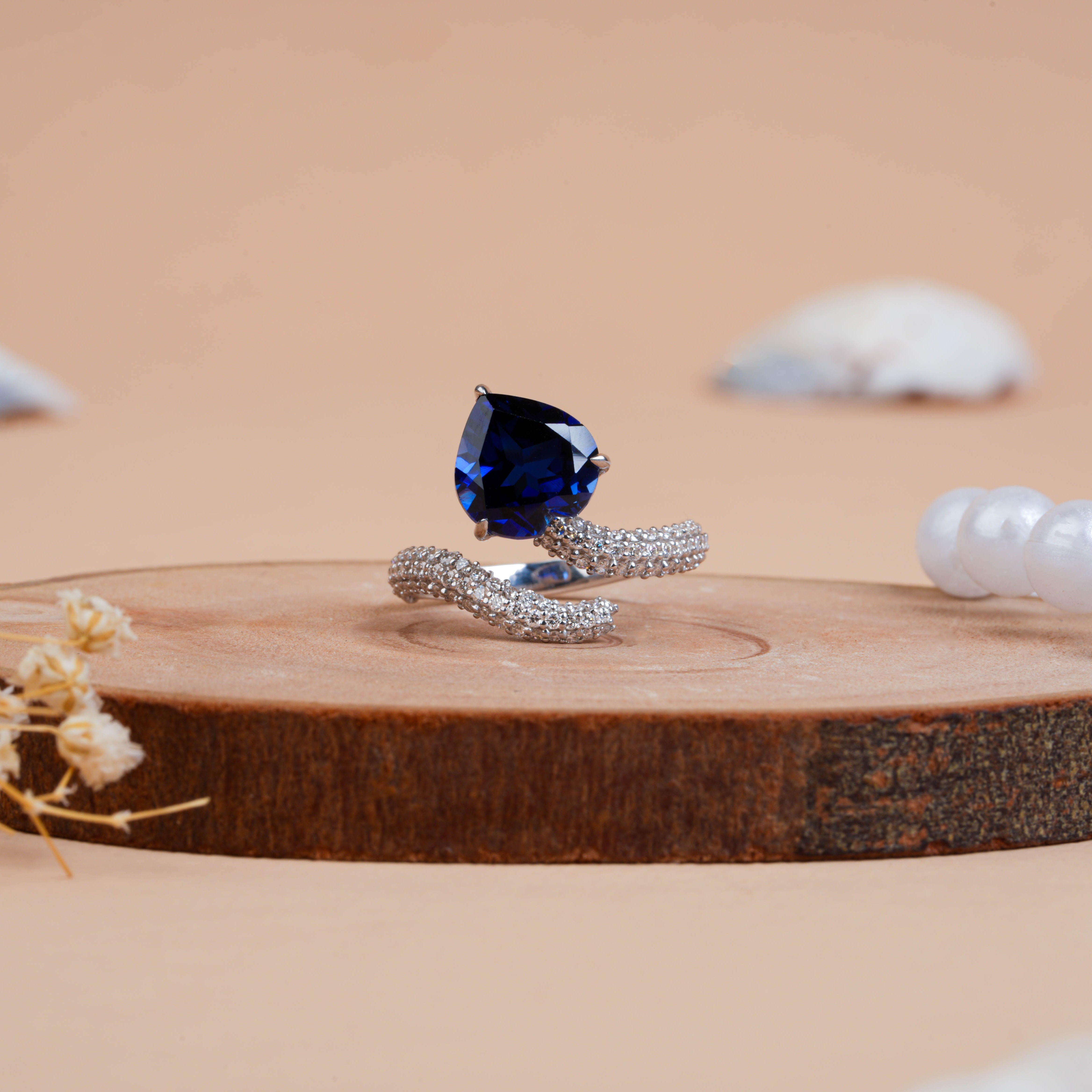 Heart Cut Blue Sapphire Ring with Pave Diamond Wrap Band