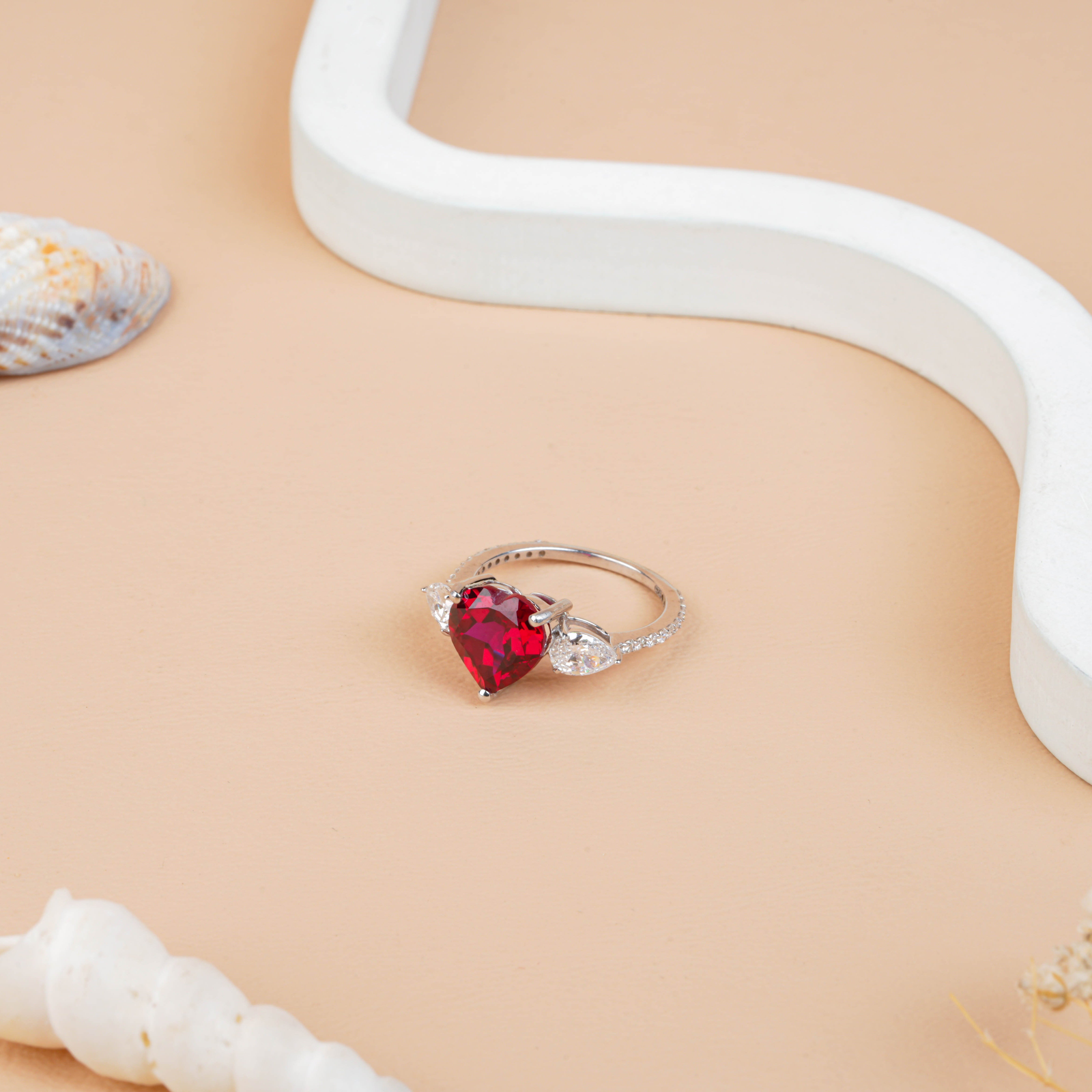 Lab-Created Heart Cut Ruby & Pear Diamond Engagement Ring