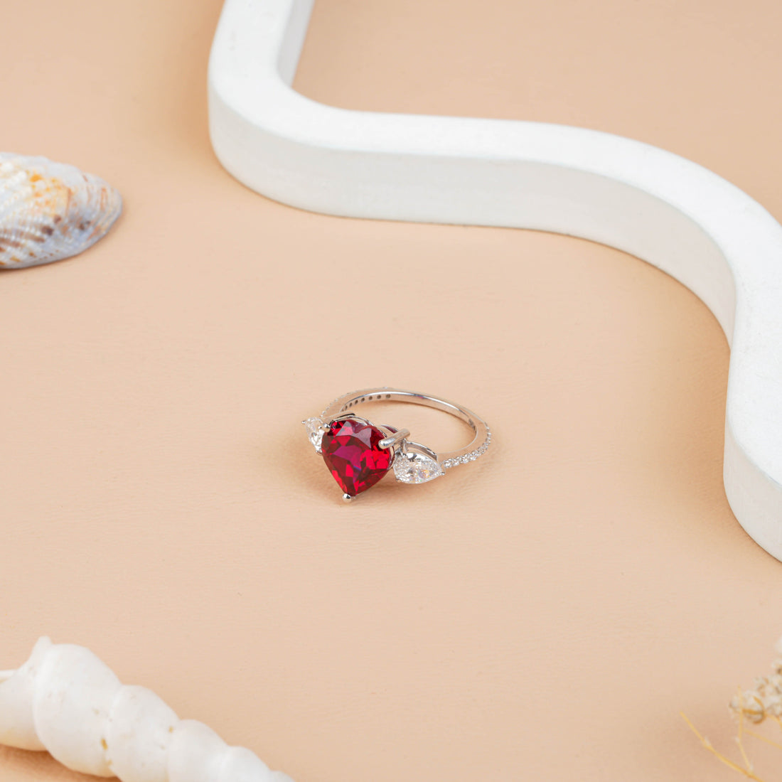 Lab-Created Heart Cut Ruby & Pear Diamond Engagement Ring