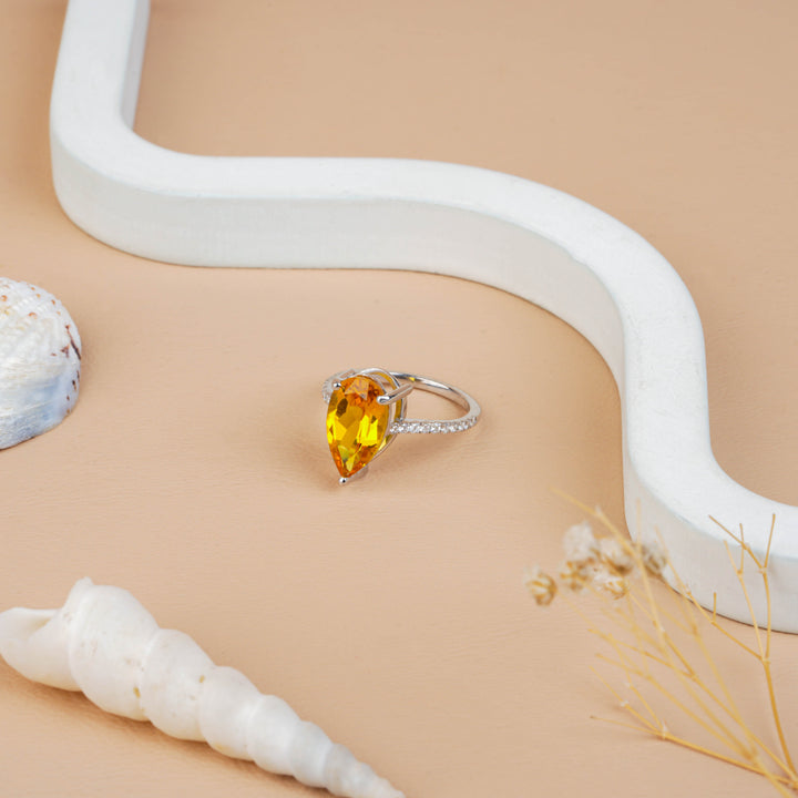 Citrine Pear Cut & White Lab Created Diamond Ring for Women