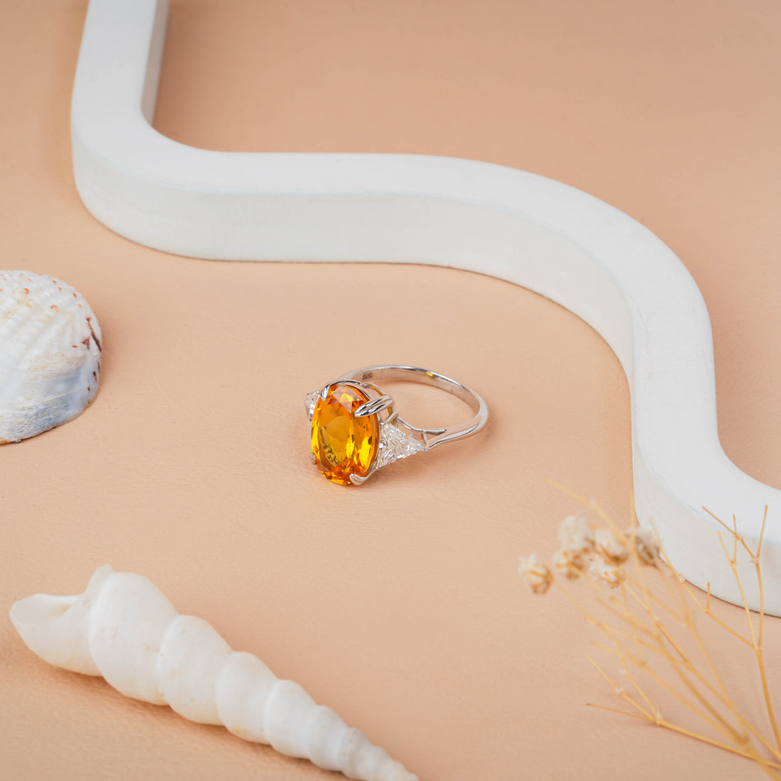 Oval Cut Citrine with Triangle Lab Grown Diamond Engagement Ring