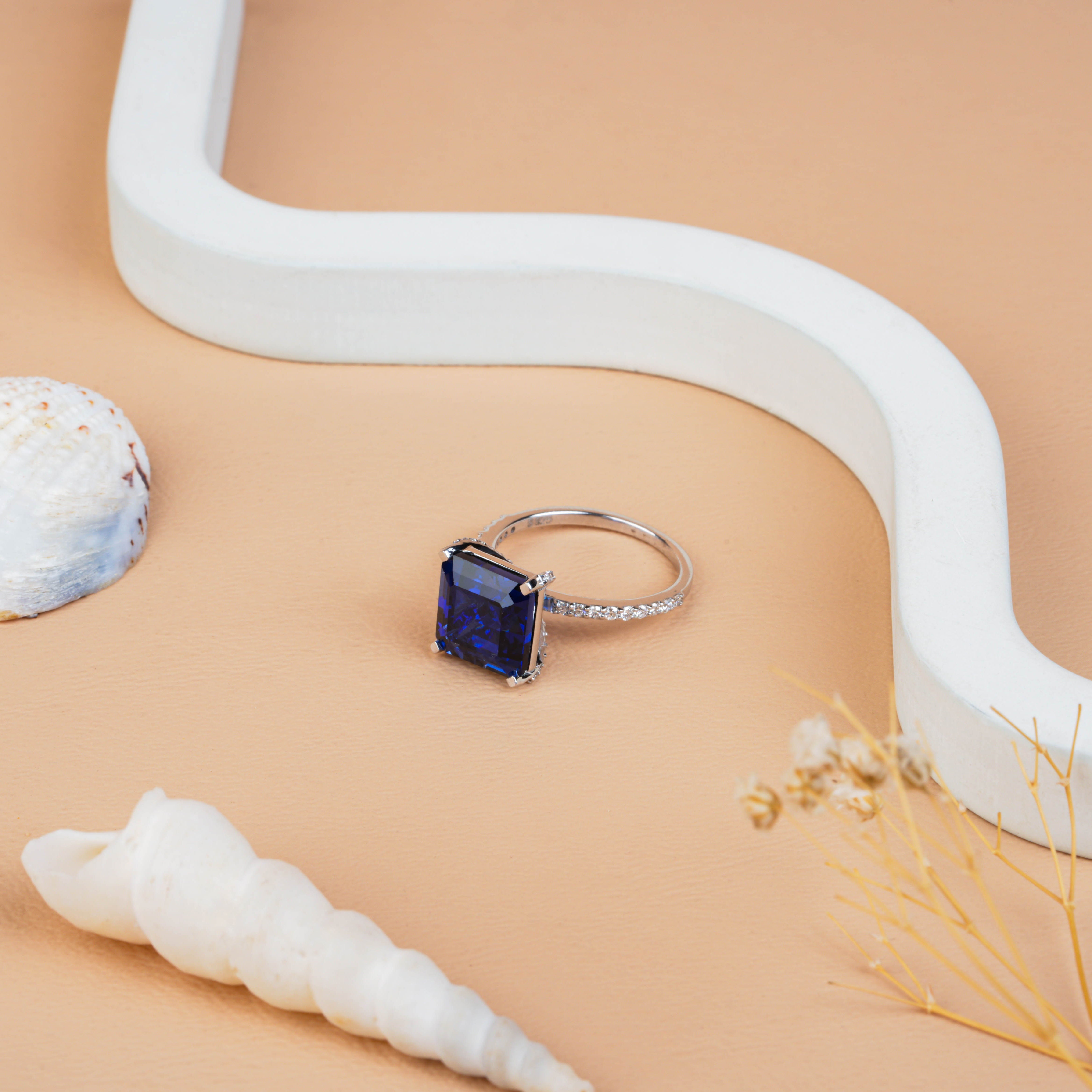 Vintage Blue Sapphire Square Emerald Cut Diamond Engagement Ring