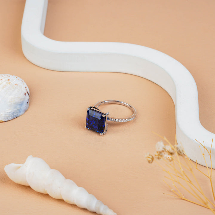 Vintage Blue Sapphire Square Emerald Cut Diamond Engagement Ring