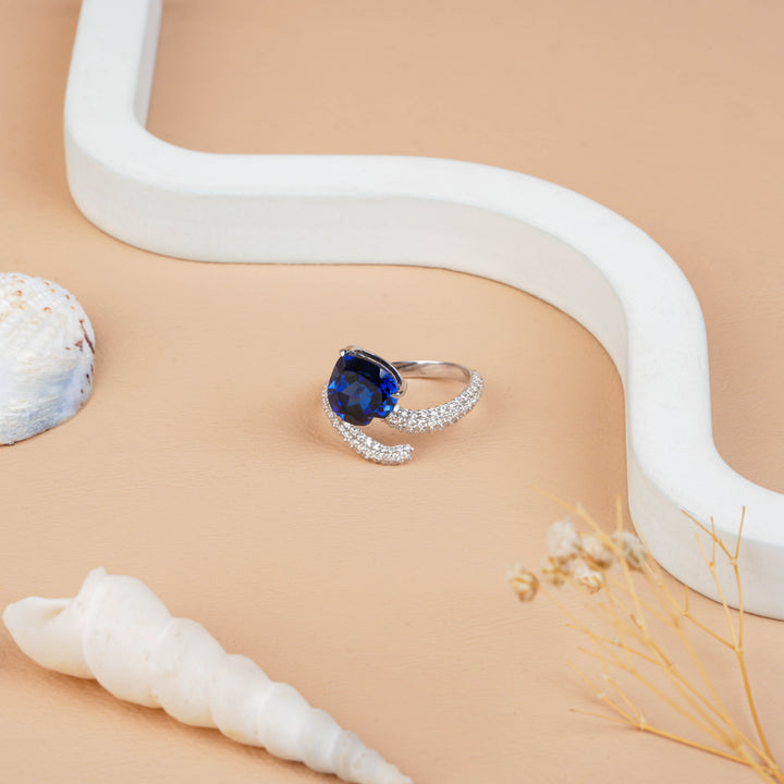 Heart Cut Blue Sapphire Ring with Pave Diamond Wrap Band