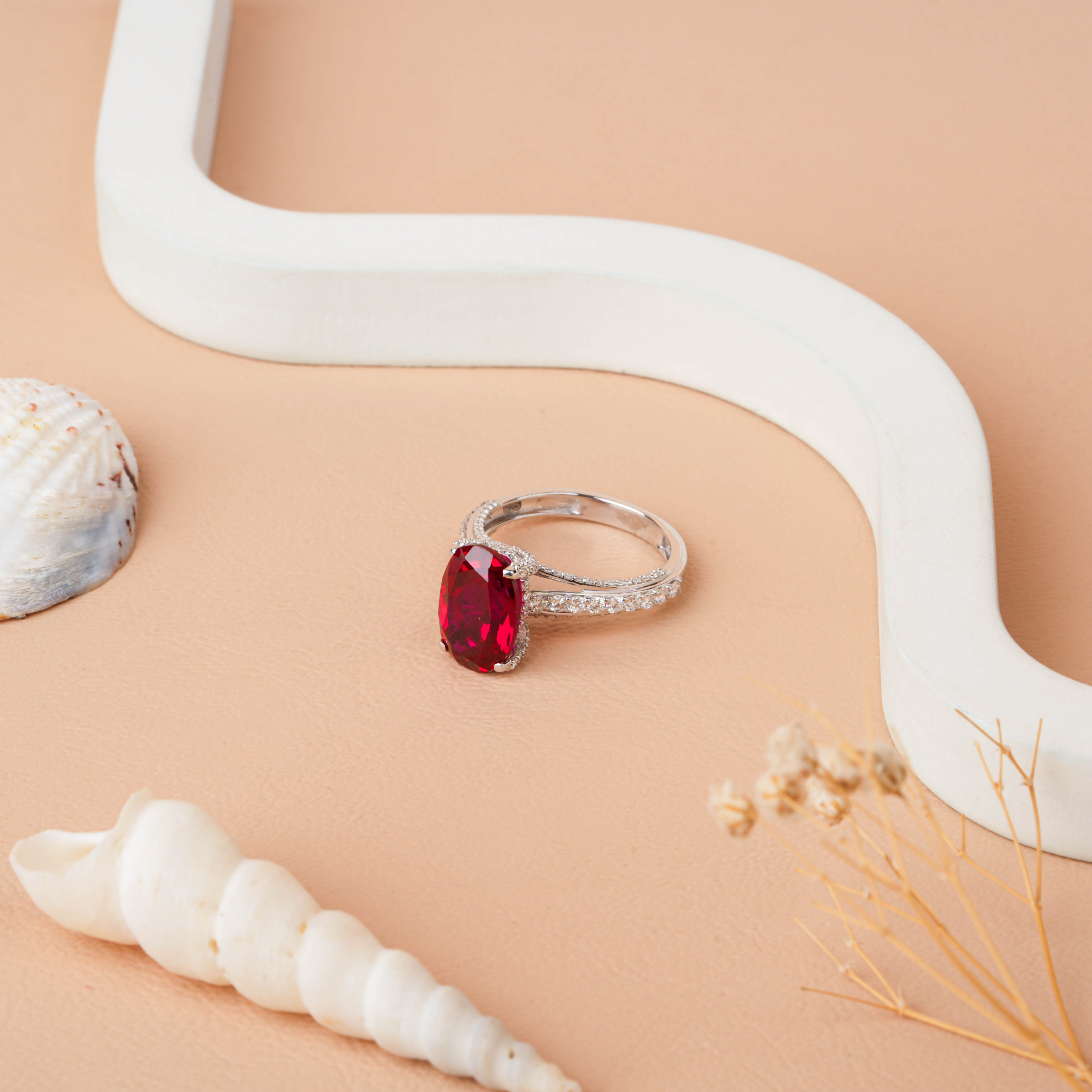 Lab-grown Oval Cut Ruby Hidden Halo Engagement Ring