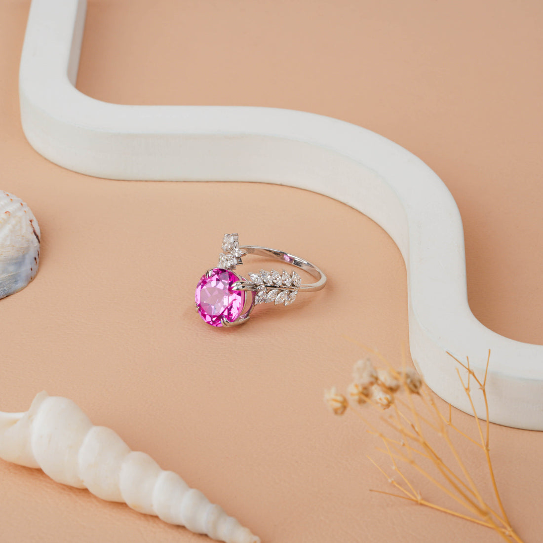 Round Cut Pink Sapphire & Diamond Leaf Engagement Ring