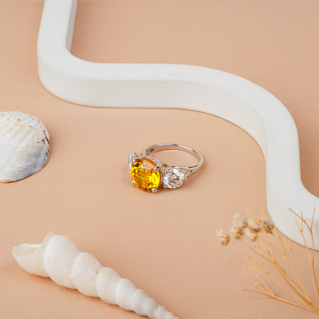 Round Citrine 3 Stone Lab Grown Diamond Engagement Ring