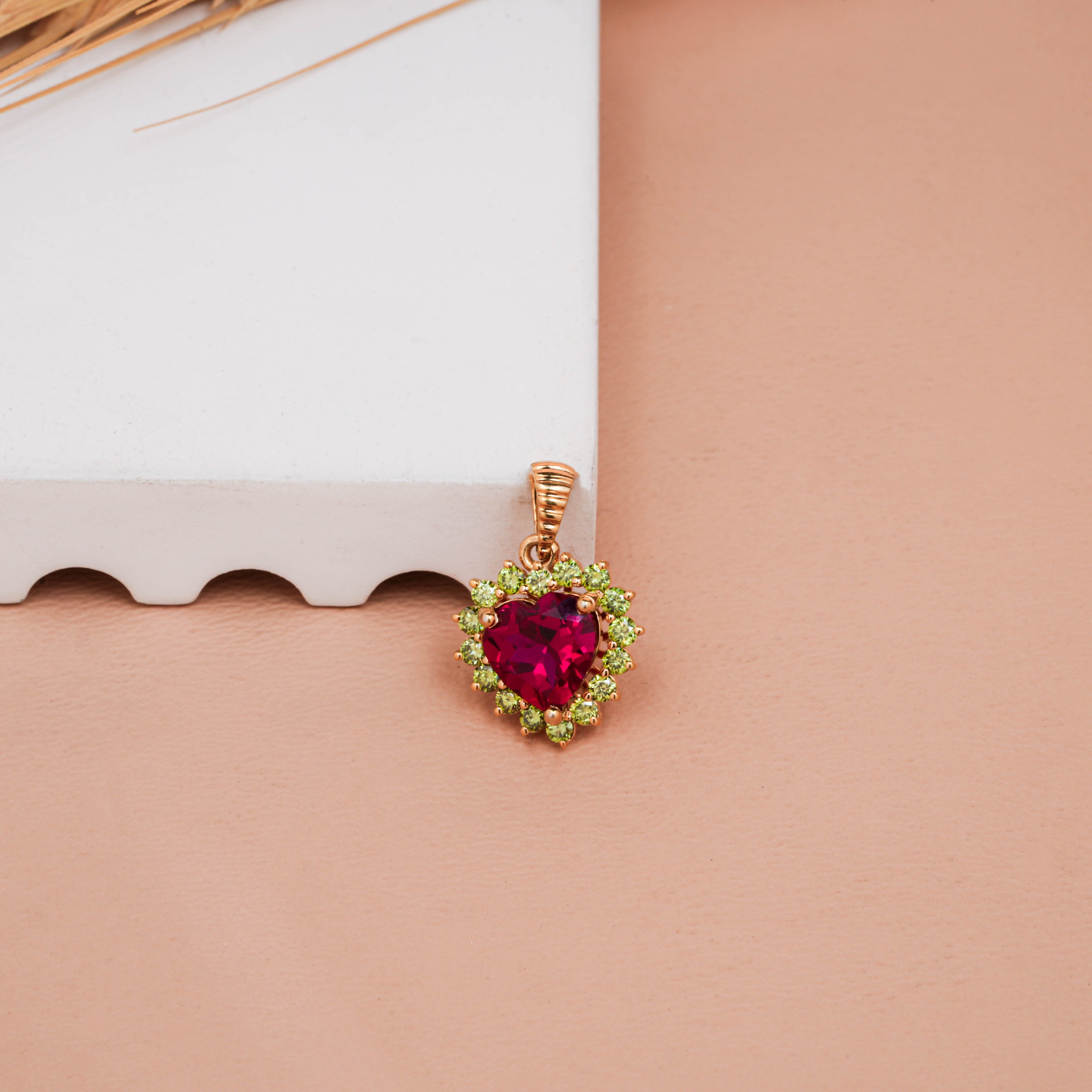 Romantic Ruby & Peridot Heart Pendant with Lab-Grown Diamonds Perfect For Valentine's Gift